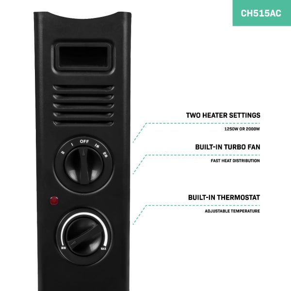 Nahaufnahme eines schwarzen Heizgeräts mit zwei Heizstufen, eingebautem Turbogebläse und einstellbarem Thermostat.