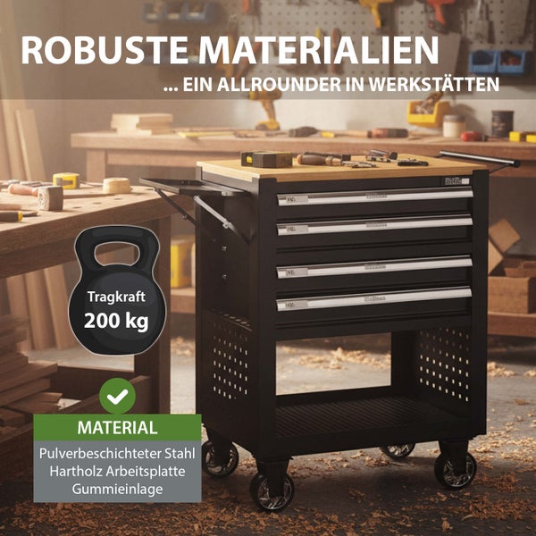 Werkstattwagen aus pulverbeschichtetem Stahl mit Schubladen, Arbeitsplatte aus Hartholz und Gummieinlage, Tragkraft 200 Kilogramm