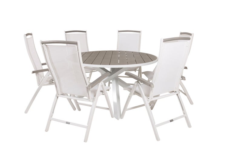 Parma Gartenset Tisch Ø140cm und 6 Stühle 5pos Albany weiß, grau. 140 X 140 X 73 cm