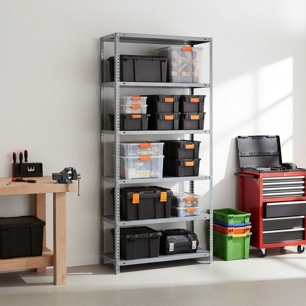 Organisierte Werkstatt mit grauem Metallregal voller Aufbewahrungsboxen, einer Werkbank aus Holz mit Schraubstock und einem roten Werkzeugwagen.