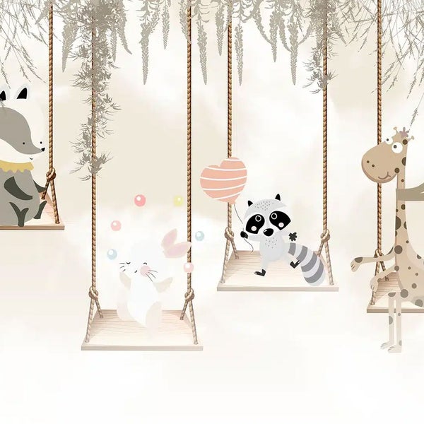 Stilisierte Weltkarte für Kinder mit verschiedenen Tieren wie Löwen, Elefanten, Giraffen und Pinguinen auf den jeweiligen Kontinenten.