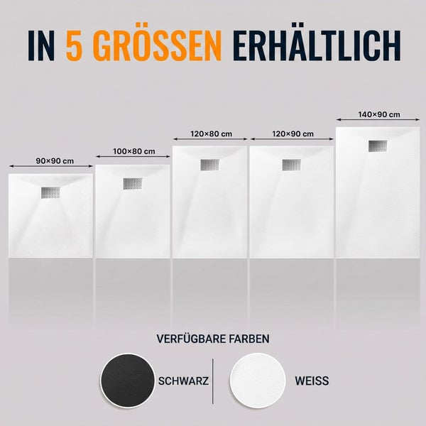 Duschwanne erhältlich in 5 Größen und den Farben Schwarz oder Weiss zur Auswahl.