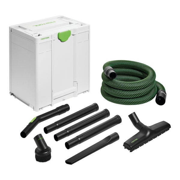 Festool Reinigungsset mit Systainer, Saugschlauch, Verlängerungsrohren, Bodendüse, Fugendüse, Saugpinsel und Handrohr.
