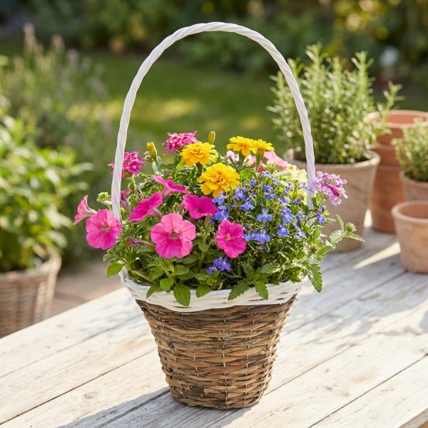 Ein geflochtener Blumenkorb mit Henkel, bepflanzt mit bunten Sommerblumen wie Petunien und Tagetes, steht auf einem Holztisch im Garten.