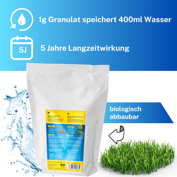Greenyp Aquagel I Langzeit Wasserspeicher Granulat für Pflanzen, Bäume und Rasen gegen Dürre & Trockenheit I speichert das 400-fache an Wasser I 2,5kg