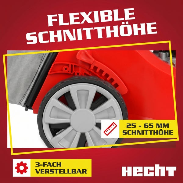 Hecht Rasenmäher mit 3-fach verstellbarer Schnitthöhe von 25 bis 65 Millimeter, Detailaufnahme von Rad und Einstellhebel.