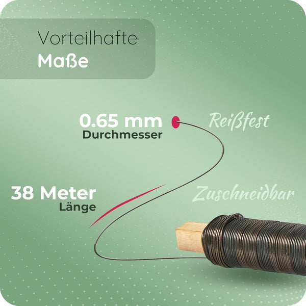 Bindedraht auf Holzstab mit 0,65 Millimeter Durchmesser und 38 Meter Länge, reißfest und zuschneidbar.