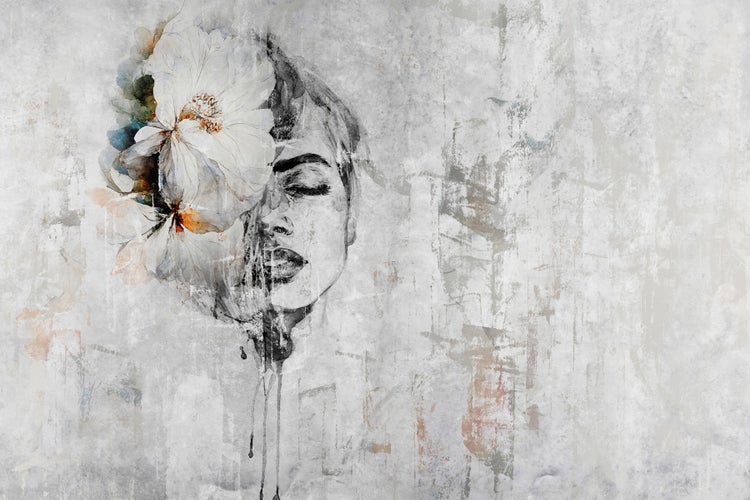 Wandbild mit dem Gesicht einer Frau und Blumen