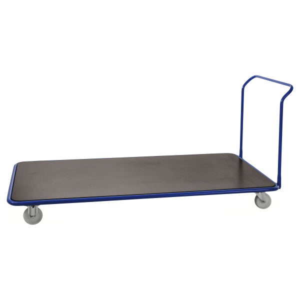 Blauer Plattformwagen aus Metall mit Schiebebügel und dunkler Ladefläche auf vier Rollen.