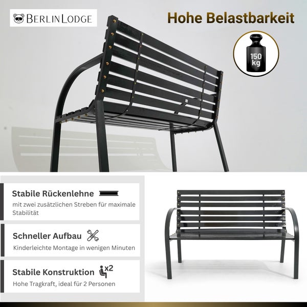 Gartenbank aus lackiertem Holz und robustem Metallgestell für innen und außen mit rutschfesten Fußkappen, BerlinLodge Logo.