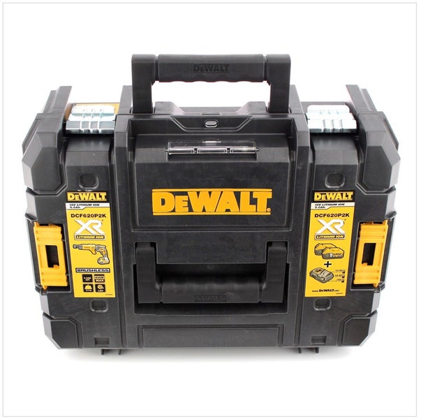 DeWALT Werkzeugkoffer aus Kunststoff für Trockenbauschrauber DCF620P2K mit Tragegriff und Metallverschlüssen.