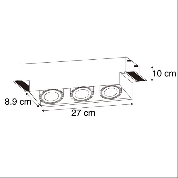 Technische Zeichnung dreiflammiger Einbaustrahler mit den Maßen: Länge 27 Zentimeter, Breite 8.9 Zentimeter und Höhe 10 Zentimeter.