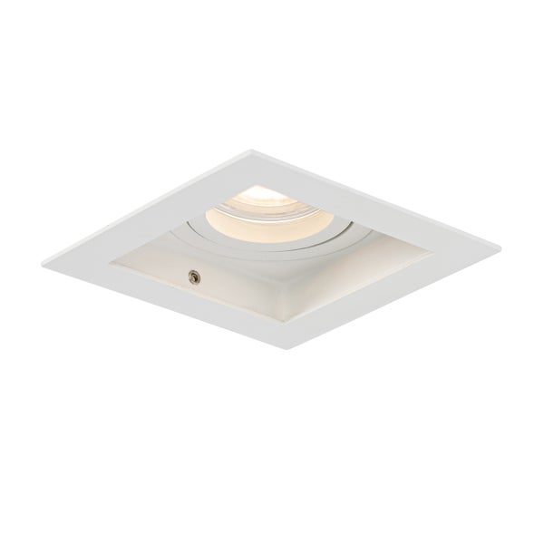 Quadratischer Einbaustrahler in Weiß mit warmweißem Leuchtmittel.