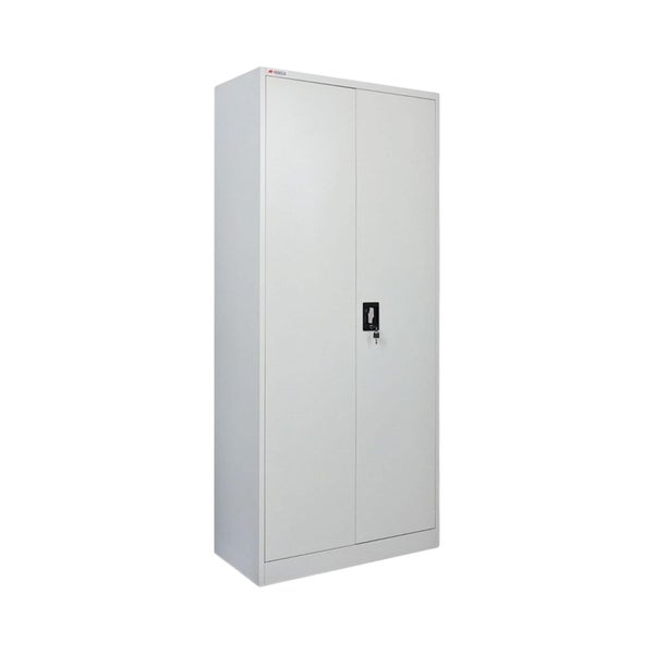 Zweitüriger Metallschrank mit abschließbarem Griff.