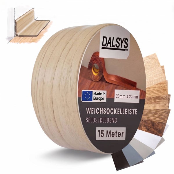 Dalsys Weichsockelleiste selbstklebend in Holzoptik, 15 Meter Rolle, 28 mm x 22 mm, made in Europe.