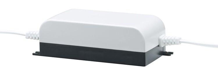 LED-Treiber aus Kunststoff in Weiß und Schwarz mit beidseitigen Anschlusskabeln.