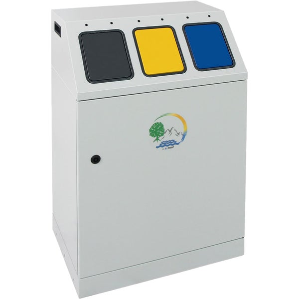 Abfalltrennsystem aus Metall mit drei Einwurföffnungen und einer abschließbaren Fronttür.