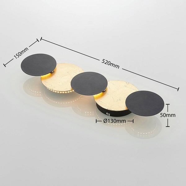 Moderne Leuchte mit fünf Scheiben, Länge 520 Millimeter, Breite 150 Millimeter, Höhe 50 Millimeter, Sockeldurchmesser 130 Millimeter.