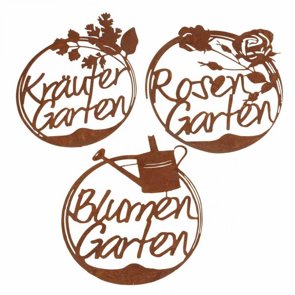 Dekorative Gartenschilder mit den Aufschriften Kräutergarten, Rosengarten und Blumengarten