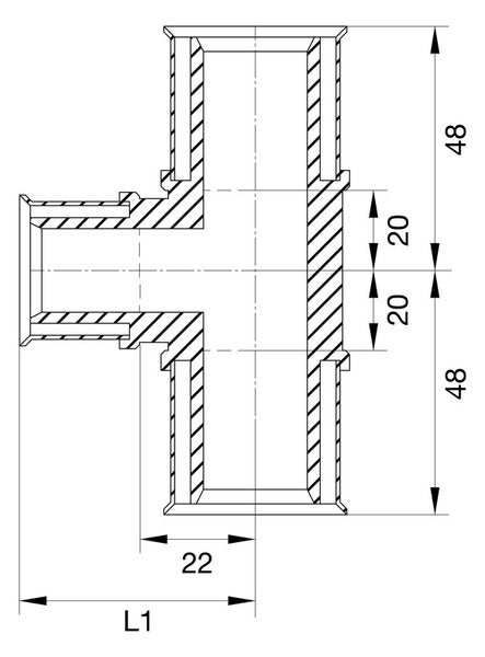 Technische Zeichnung eines T-Stücks für Rohre mit Maßangaben wie 48, 20, 22 und L1.