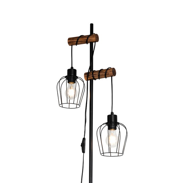 Ländliche Stehlampe schwarz mit Holz 2-flammig - Stronk