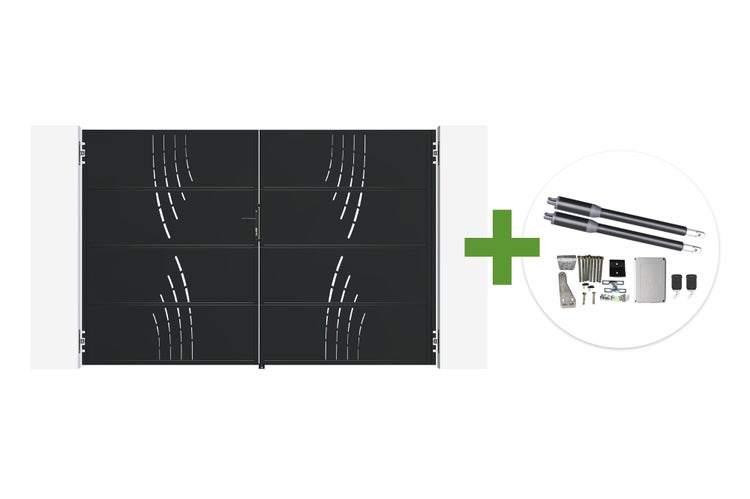 Doppelflügeltor mit modernem Design inklusive elektrischem Drehtorantrieb und Montagezubehör.