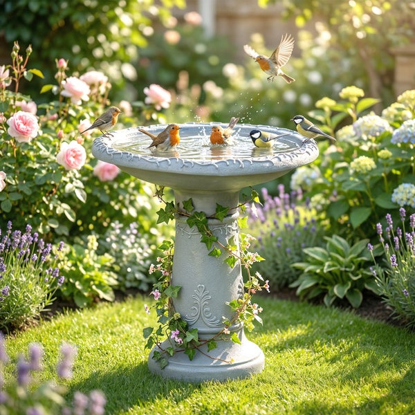 Vogeltränke aus Stein mit Verzierungen im sonnigen Garten, mehrere badende Vögel im Becken, umgeben von Blumen und Efeu.