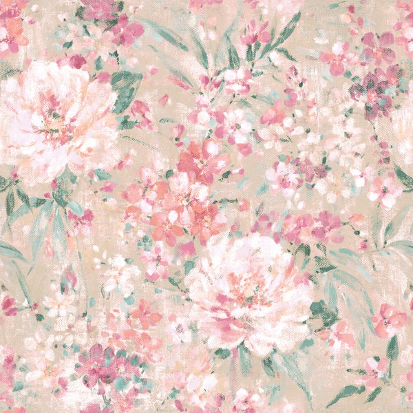 Blumentapete mit malerischem Muster aus rosa und weißen Blüten sowie grünen Blättern auf strukturierter Oberfläche.