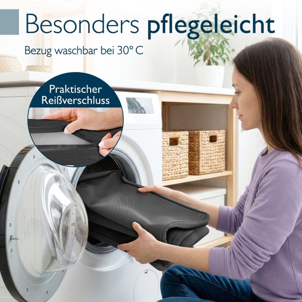 In einem hellen Raum legt eine Frau einen pflegeleichten grauen Stoffbezug mit Reißverschluss in eine weiße Waschmaschine. Waschbar bei 30 Grad.