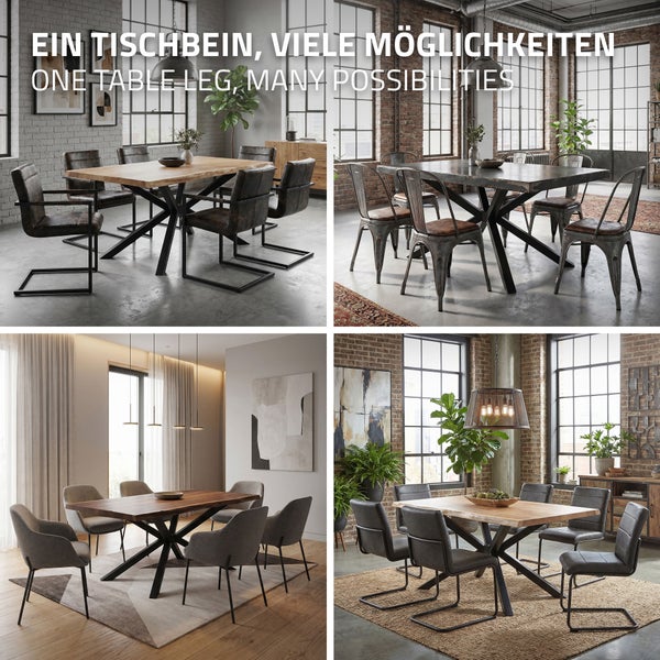 Vier Esszimmerszenen mit Tischen mit schwarzem X-förmigem Tischgestell in modernem Loft-Stil und industrieller Einrichtung.