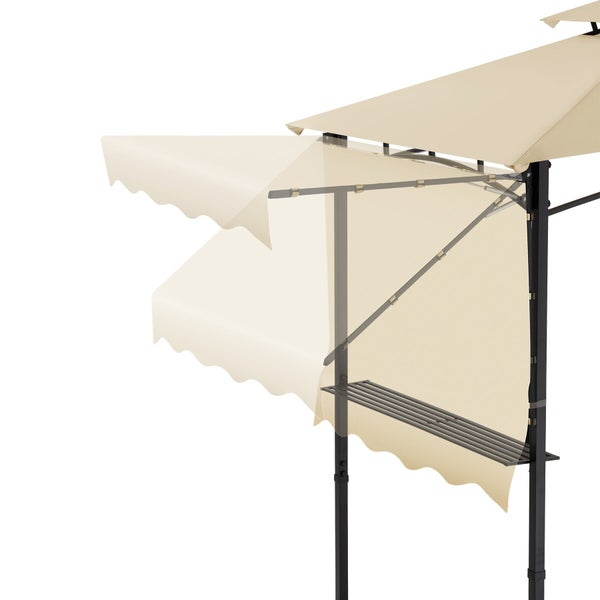 Detail eines Grillpavillons mit verstellbarer Seitenmarkise aus beigefarbenem Stoff und schwarzem Metallgestell