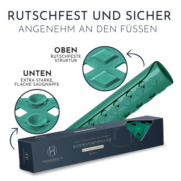 Homerella Badewannenmatte rutschfest Hautsensitiv 88x39cm, INKL. AUFHÄNGUNG | Antirutschmatte Badewanne BPA frei | Duschmatte schimmelresistent & maschinenwaschbar | Badematte rutschfest