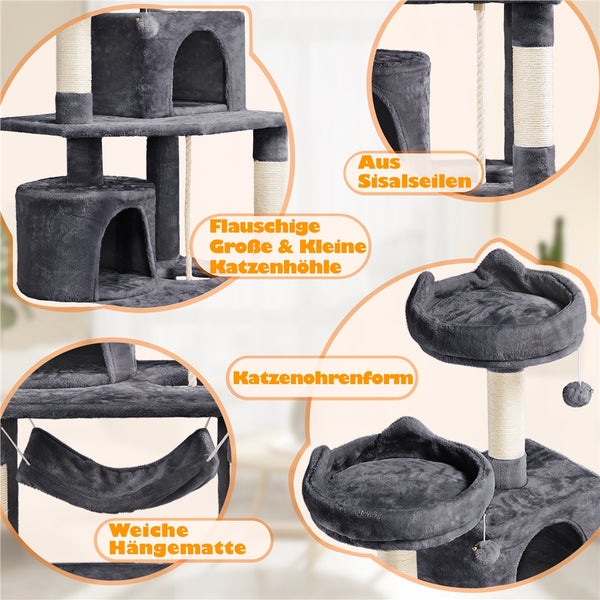 Detailansicht eines grauen Katzenkratzbaums mit Katzenhöhlen, Sisalseilen und Hängematte
