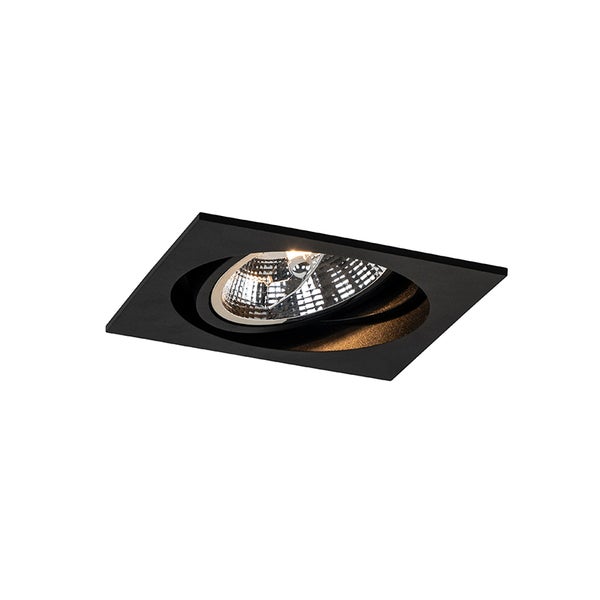 Quadratischer schwarzer Einbaustrahler mit rundem, schwenkbarem Innenteil und sichtbarem Leuchtmittel.