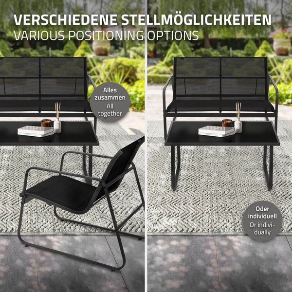 ML-Design Gartenmöbel Set 4-tlg, Schwarz, Balkonmöbel aus Stahl & Textilene für 4 Personen, Garten Sitzgruppe mit Glastisch, Sofa und 2 Sesseln, wetterfest, Gartengarnitur Outdoor für Balkon, Terrasse