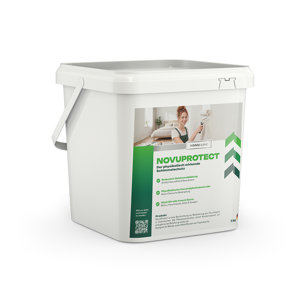 NOVUPROTECT physikalisch wirkender Schimmelschutz in einem weißen 5 Kilogramm Eimer zur Feuchtigkeitskontrolle in Innenräumen.