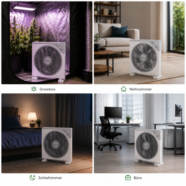 Quadratischer Airontek Bodenventilator in vier verschiedenen Einsatzbereichen: Growbox, Wohnzimmer, Schlafzimmer und Büro.