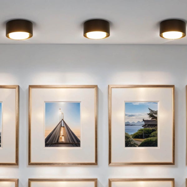 An der Decke montierte Leuchten beleuchten gerahmte Bilder an einer Wand.