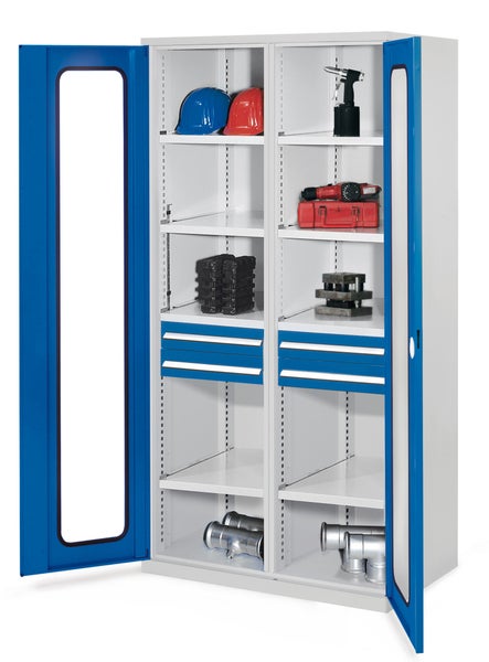 Werkstattschrank mit Regalböden, Schubladen und Werkzeugen