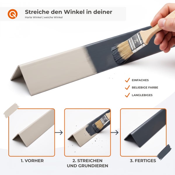 Anleitung zum Streichen eines Eckprofils mit Pinsel in drei Schritten von der Vorbereitung bis zum fertigen Ergebnis.