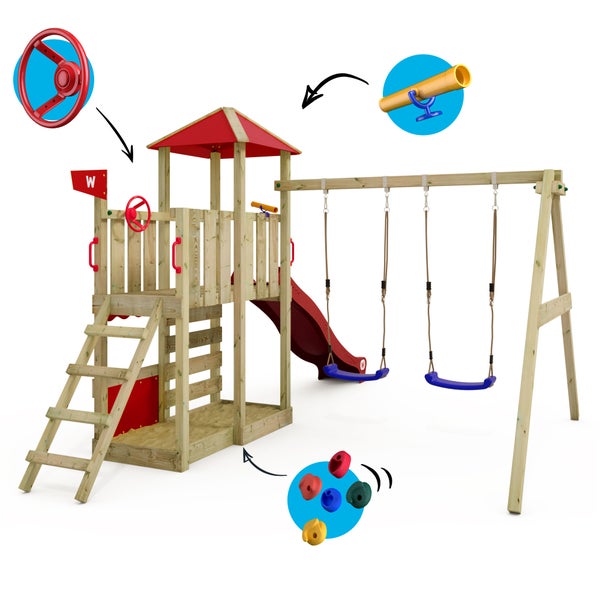 WICKEY Spielturm Klettergerüst Smart Savana mit Schaukel und Rutsche, Spielhaus mit Kletterleiter und Spiel-Zubehör – rot