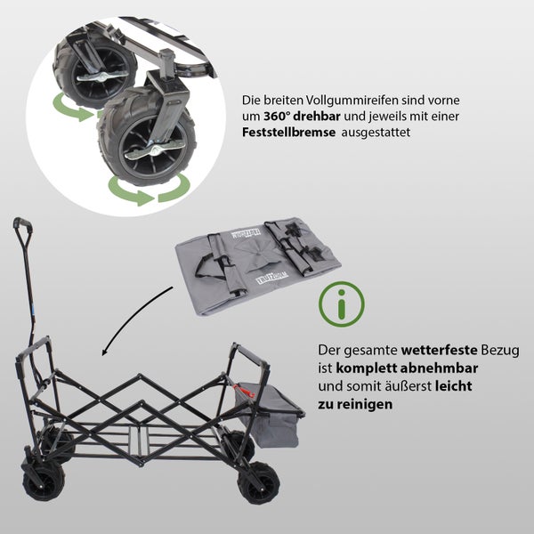 Bollerwagen mit Vollgummireifen, 360 Grad drehbar, Feststellbremse und abnehmbarem Bezug