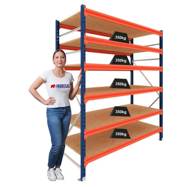 Schwerlastregal mit 5 Holzböden, Traglast 350 Kilogramm pro Boden, Proregal Logo