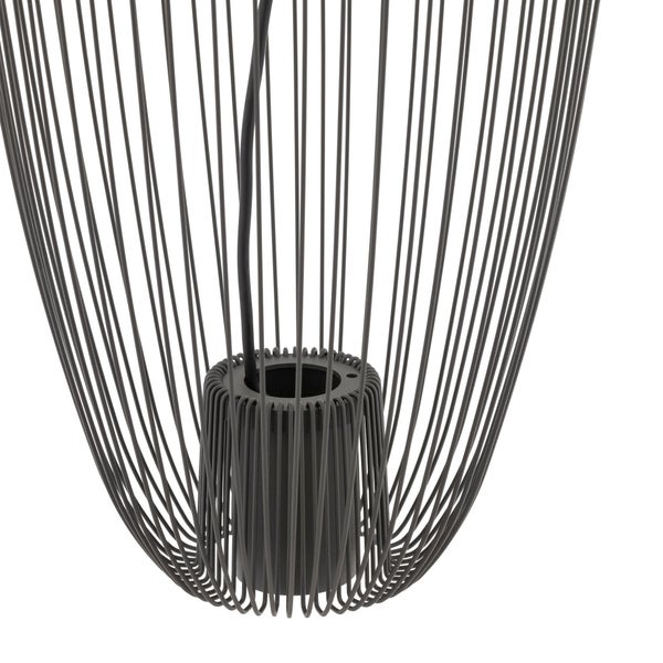 Detailansicht einer schwarzen Pendelleuchte aus feinen Metalldrähten mit Kabel und Lampenfassung.