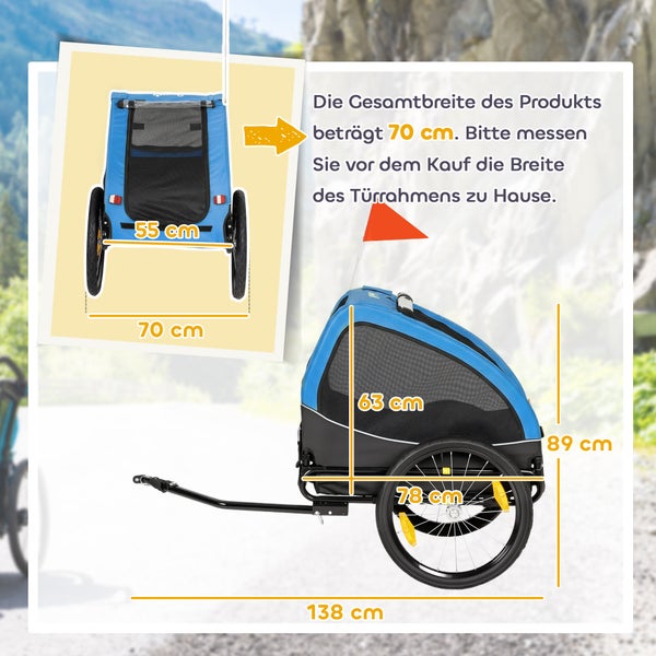 Blauer Hundeanhänger Maße: Breite 70 Zentimeter, Länge 138 Zentimeter, Höhe 89 Zentimeter, Innenbreite 55 Zentimeter.