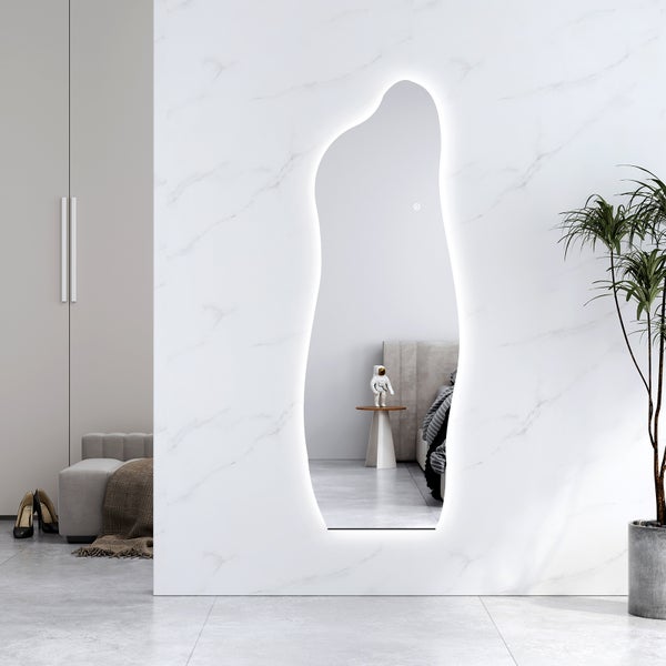 EMKE Standspiegel, 3000/4000/6500K – Wandmontierbar & Freistehend, rahmenlos, Touch-Schalter, 145x50 cm