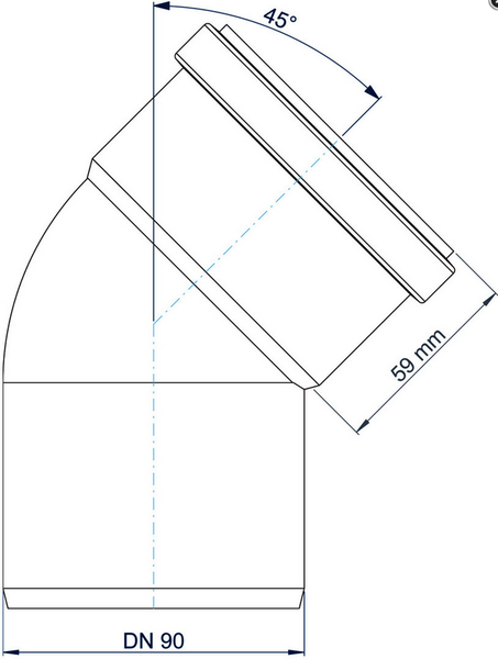 Technische Zeichnung eines Abwasserrohr-Bogens 45 Grad, Nennweite 90, Länge 59 Millimeter.