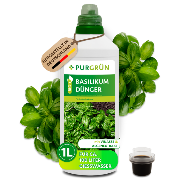 Purgrün Bio Basilikum Dünger in einer 1 Liter Flasche mit Vinasse und Algenextrakt für circa 100 Liter Gießwasser, hergestellt in Deutschland.
