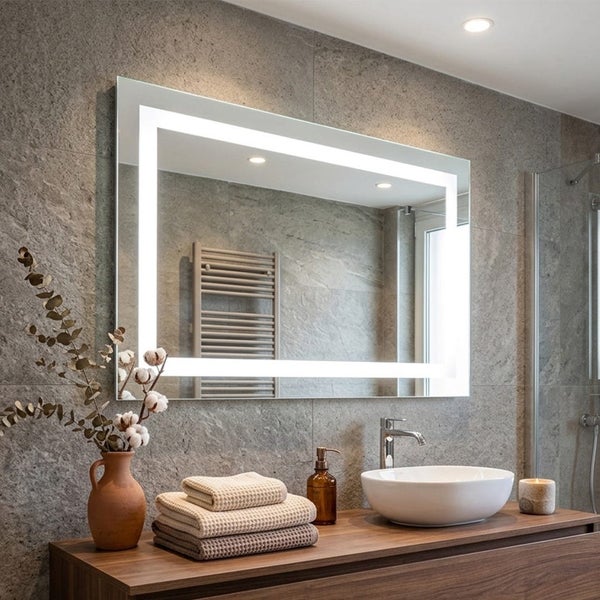 Rechteckiger Badezimmerspiegel mit LED-Rahmenbeleuchtung an einer Steinoptik-Wand über Holzunterschrank mit weißem Aufsatzbecken und Chromarmatur.