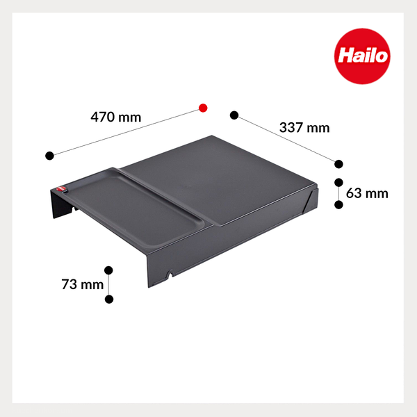 Hailo Logo, anthrazitfarbener Regaleinsatz mit den Maßen 470 Millimeter, 337 Millimeter, 73 Millimeter und 63 Millimeter.